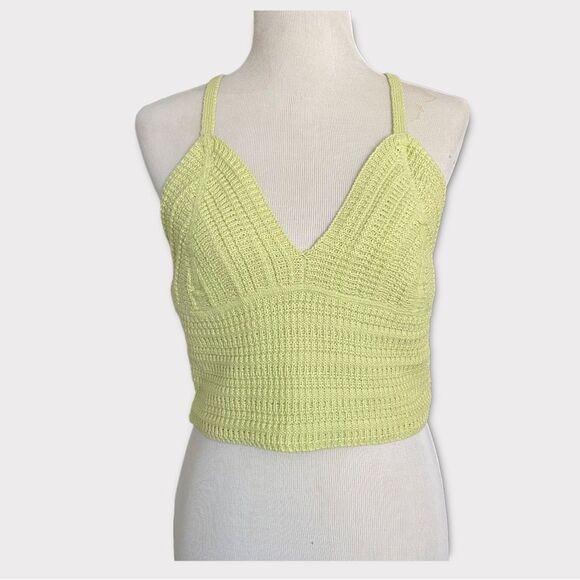 Green Crochet Knitted Boho Festival Retro Exposed Back Cropped Tank Top - Picture 5 of 5